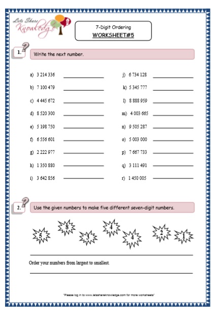 Grade 5 Maths Resources (7 Digit Ordering Printable Worksheets) – Lets ...