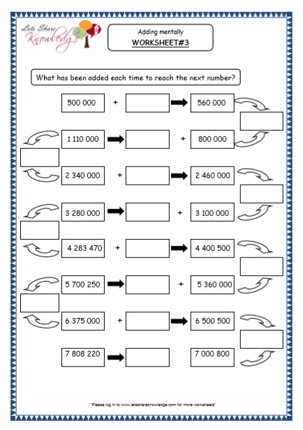 Grade 5 Maths Resources (Adding Mentally Printable Worksheets) – Lets