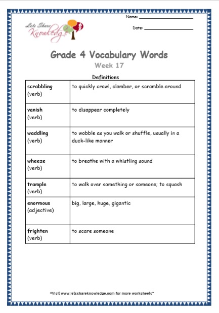 Grade 4 Vocabulary Worksheets Week 17 definitions