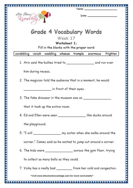 Grade 4 Vocabulary Worksheets Week 17 worksheet 1