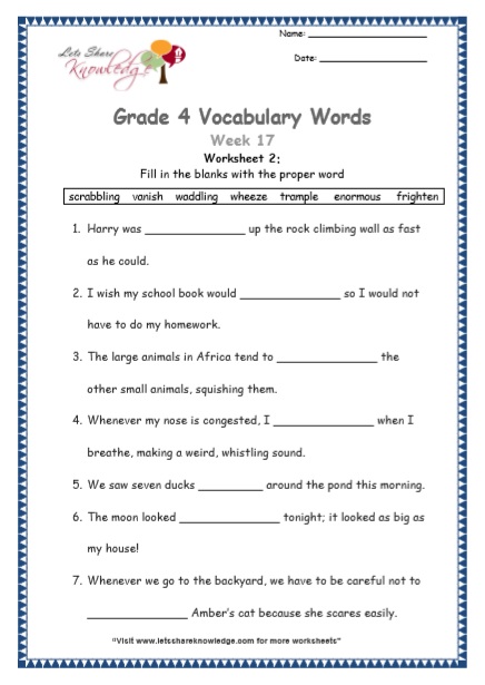 Grade 4 Vocabulary Worksheets Week 17 worksheet 2