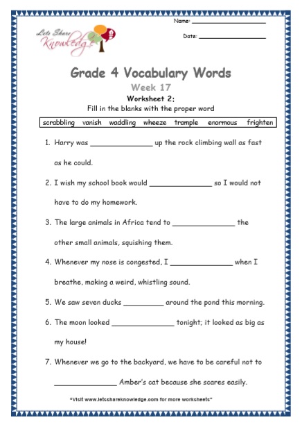 grade 4 vocabulary worksheets week 17 lets share knowledge