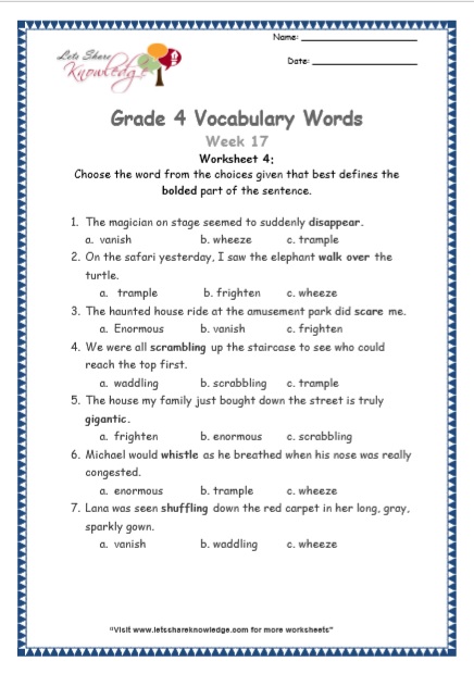 Grade 4: Vocabulary Worksheets Week 17 – Lets Share Knowledge