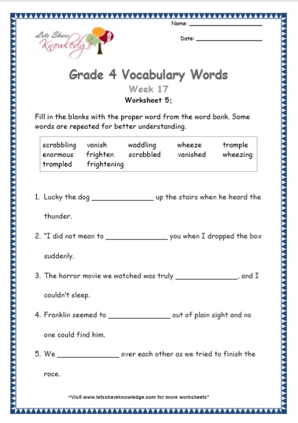 Grade 4: Vocabulary Worksheets Week 17