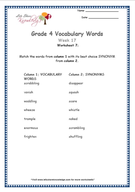  Grade 4 Vocabulary Worksheets Week 17 worksheet 7