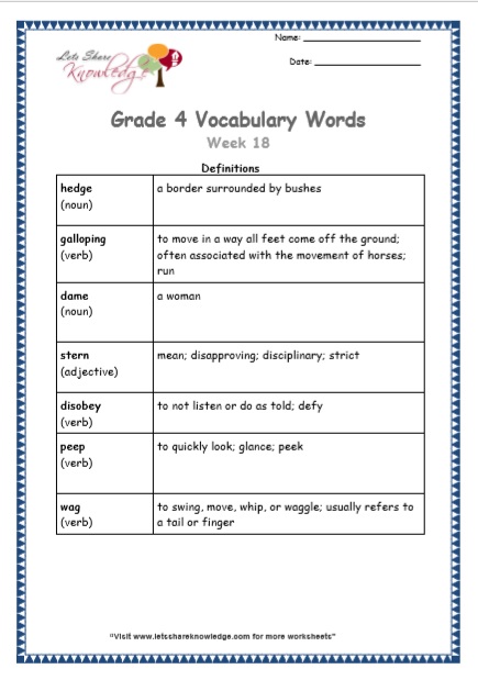 Grade 4 Vocabulary Worksheets Week 18 definitions