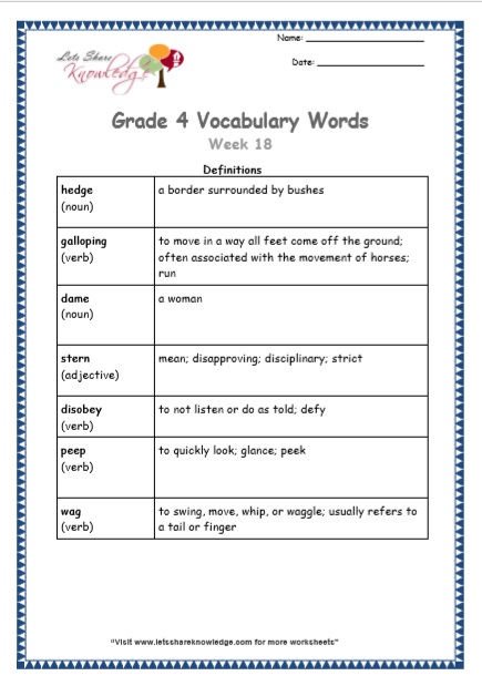 Grade 4: Vocabulary Worksheets Week 18 – Lets Share Knowledge