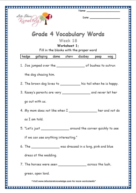 Grade 4 Vocabulary Worksheets Week 18 worksheet 1