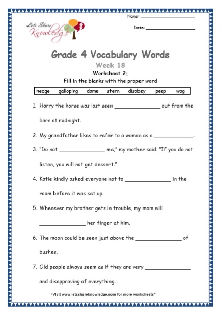Grade 4 Vocabulary Worksheets Week 18 worksheet 2
