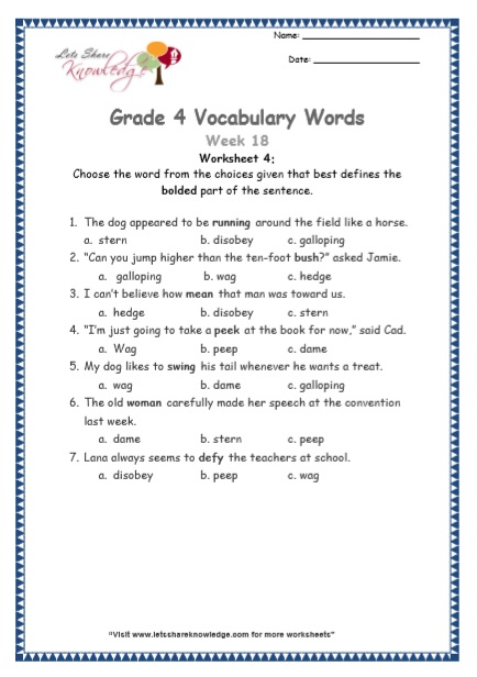  Grade 4 Vocabulary Worksheets Week 18 worksheet 4