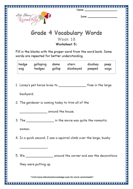 Grade 4 Vocabulary Worksheets Week 18 worksheet 5