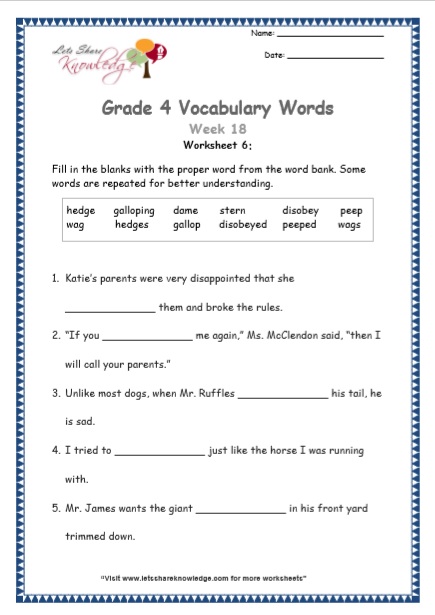  Grade 4 Vocabulary Worksheets Week 18 worksheet 6