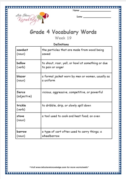 Grade 4 Vocabulary Worksheets Week 19 definitions