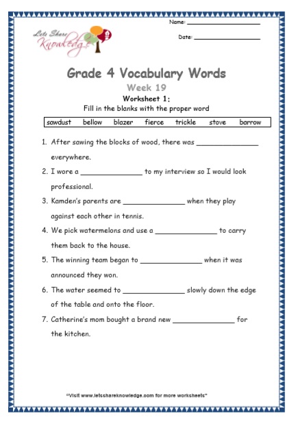 Grade 4 Vocabulary Worksheets Week 19 worksheet 1