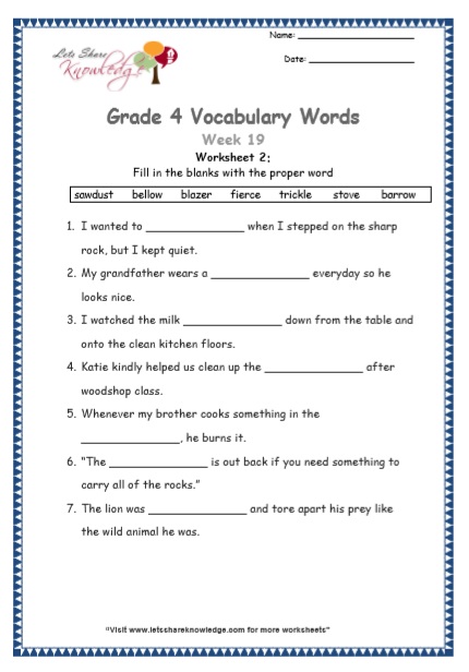 Grade 4 Vocabulary Worksheets Week 19 worksheet 2