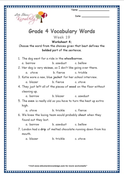  Grade 4 Vocabulary Worksheets Week 19 worksheet 4