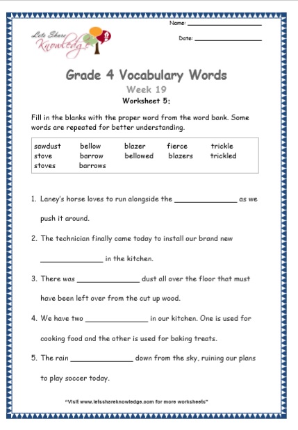  Grade 4 Vocabulary Worksheets Week 19 worksheet 5