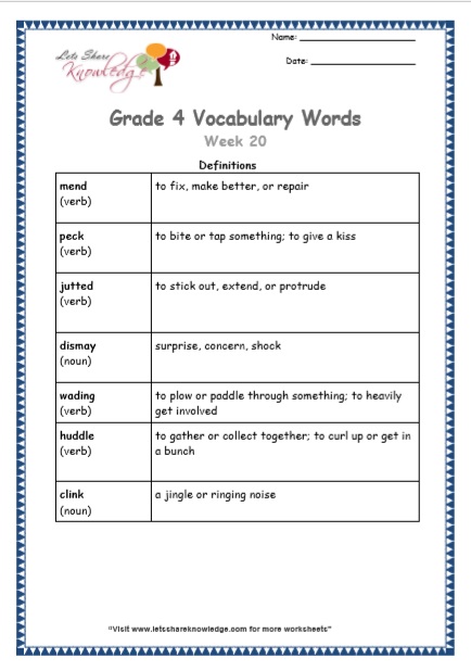 Grade 4 Vocabulary Worksheets Week 20 definitions