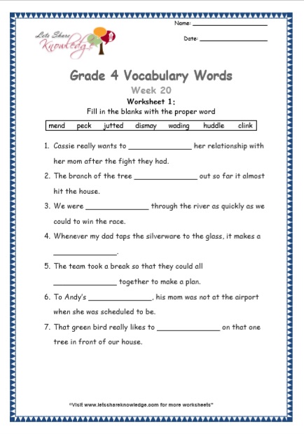Grade 4 Vocabulary Worksheets Week 20 worksheet 1