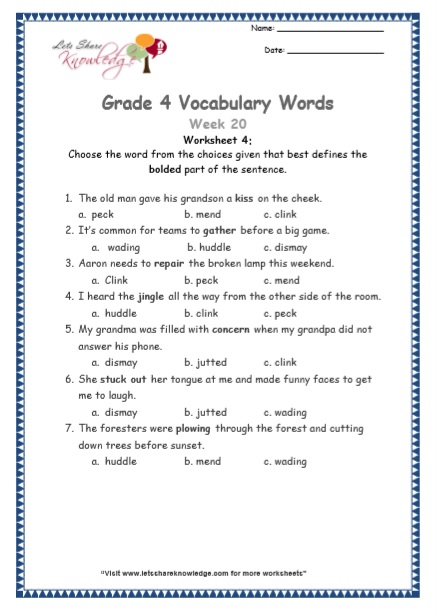  Grade 4 Vocabulary Worksheets Week 20 worksheet 4