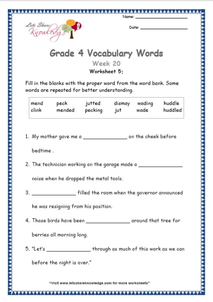  Grade 4 Vocabulary Worksheets Week 20 worksheet 5