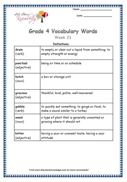 Grade 4 Vocabulary Worksheets Week 21 definitions
