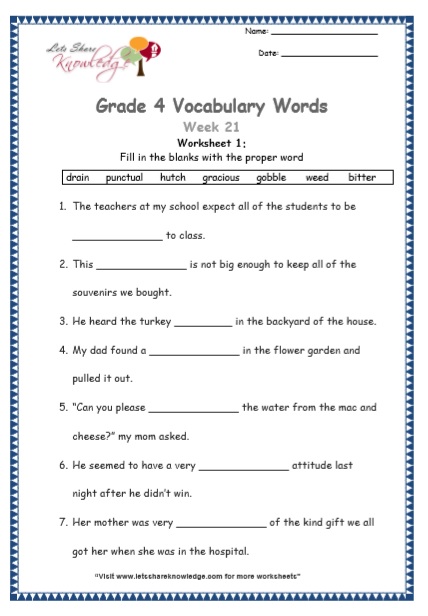 Grade 4 Vocabulary Worksheets Week 21 worksheet 1