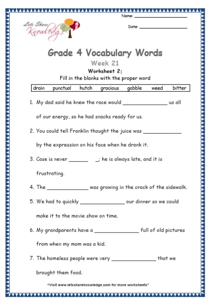 Grade 4: Vocabulary Worksheets Week 21 – Lets Share Knowledge