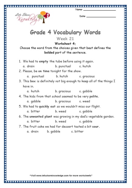  Grade 4 Vocabulary Worksheets Week 21 worksheet 4