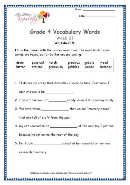  Grade 4 Vocabulary Worksheets Week 21 worksheet 5