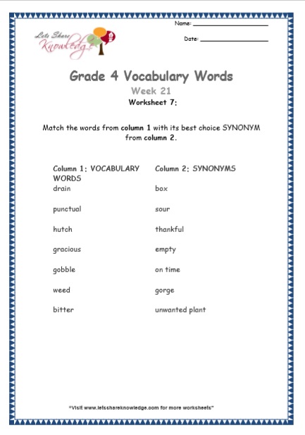 Grade 4 Vocabulary Worksheets Week 21 worksheet 7
