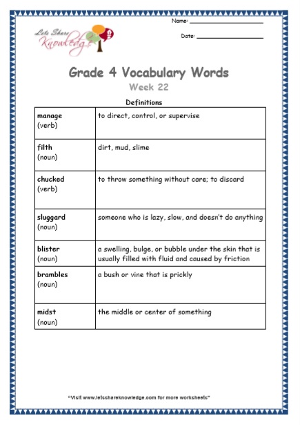 Grade 4 Vocabulary Worksheets Week 22 definitions