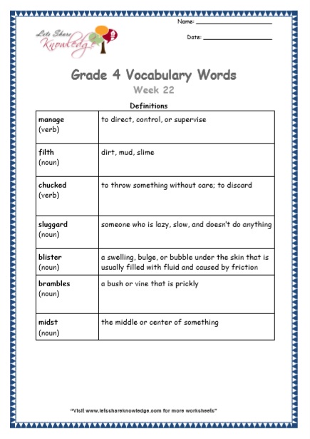 Grade 4: Vocabulary Worksheets Week 22 – Lets Share Knowledge