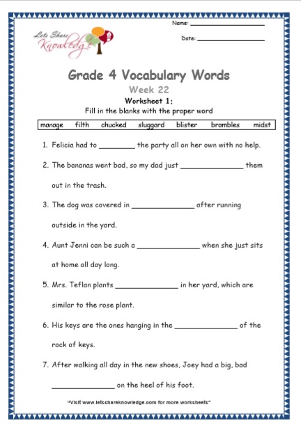 Grade 4 Vocabulary Worksheets Week 22 worksheet 1