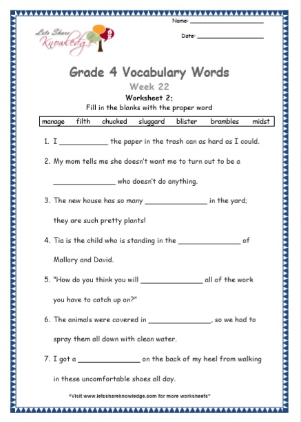 Grade 4 Vocabulary Worksheets Week 22 worksheet 2