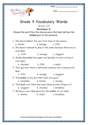Grade 4: Vocabulary Worksheets Week 22