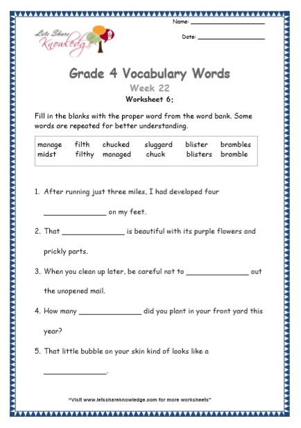  Grade 4 Vocabulary Worksheets Week 22 worksheet 6