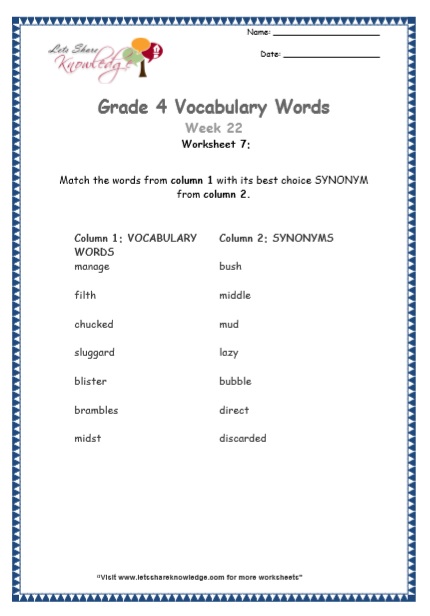  Grade 4 Vocabulary Worksheets Week 22 worksheet 7