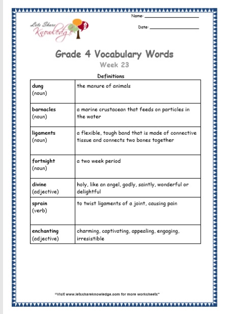 Grade 4 Vocabulary Worksheets Week 23 definitions