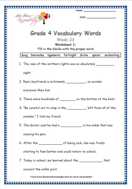 Grade 4 Vocabulary Worksheets Week 23 worksheet 1