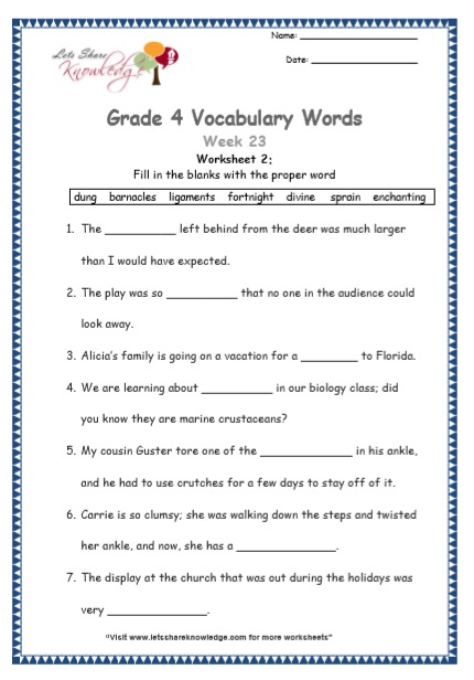 Grade 4 Vocabulary Worksheets Week 23 worksheet 2