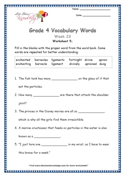  Grade 4 Vocabulary Worksheets Week 23 worksheet 5
