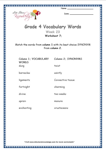  Grade 4 Vocabulary Worksheets Week 23 worksheet 7