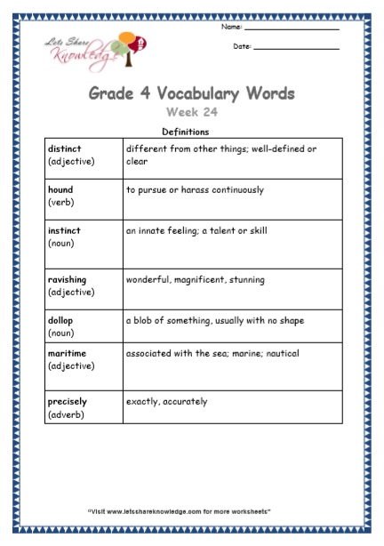 Grade 4 Vocabulary Worksheets Week 24 definitions