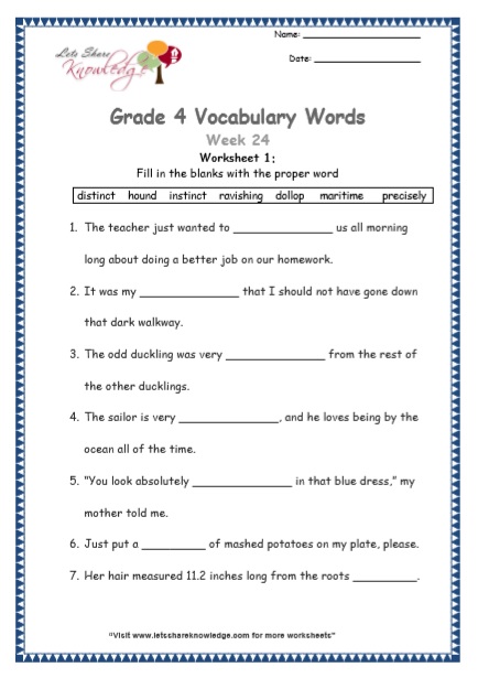 Grade 4 Vocabulary Worksheets Week 24 worksheet 1