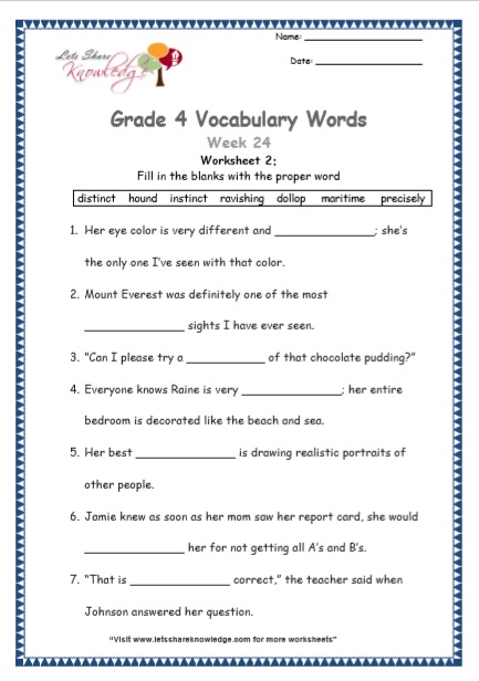 Grade 4 Vocabulary Worksheets Week 24 worksheet 2