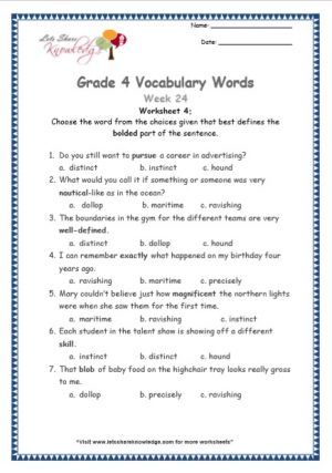 Grade 4: Vocabulary Worksheets Week 24