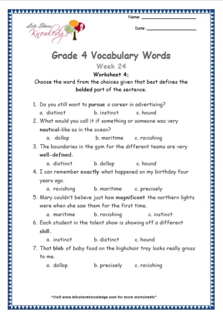 Grade 4 Vocabulary Worksheets Week 24 worksheet 4