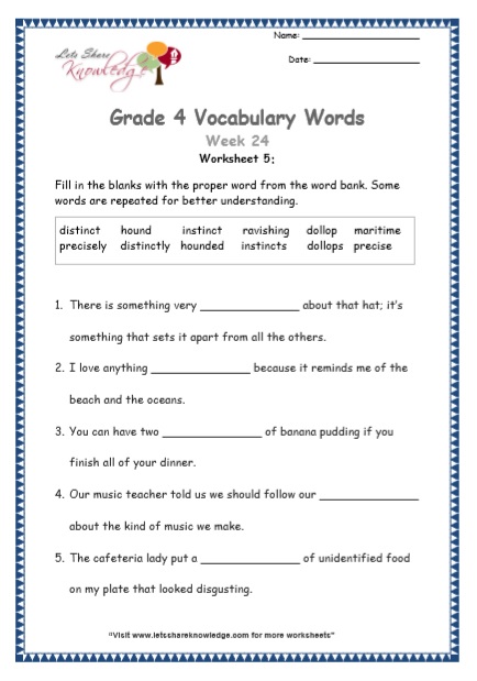 Grade 4 Vocabulary Worksheets Week 24 worksheet 5