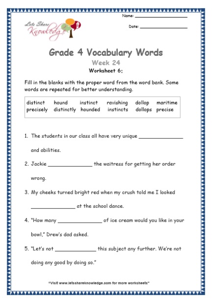  Grade 4 Vocabulary Worksheets Week 24 worksheet 6